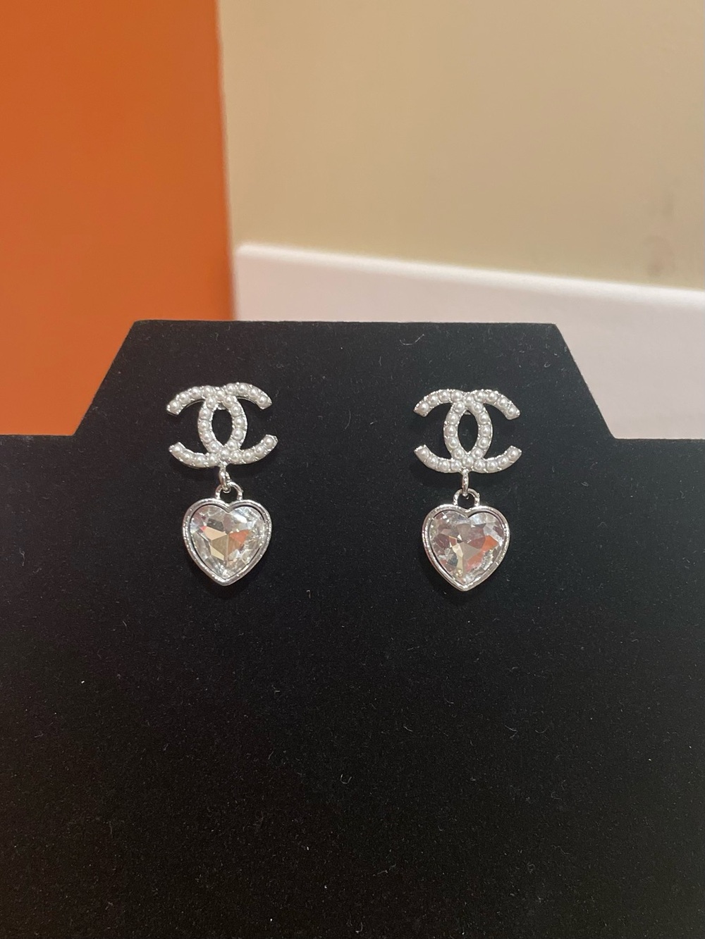 Pearl and Silver CC Crystal Heart Drop Earrings